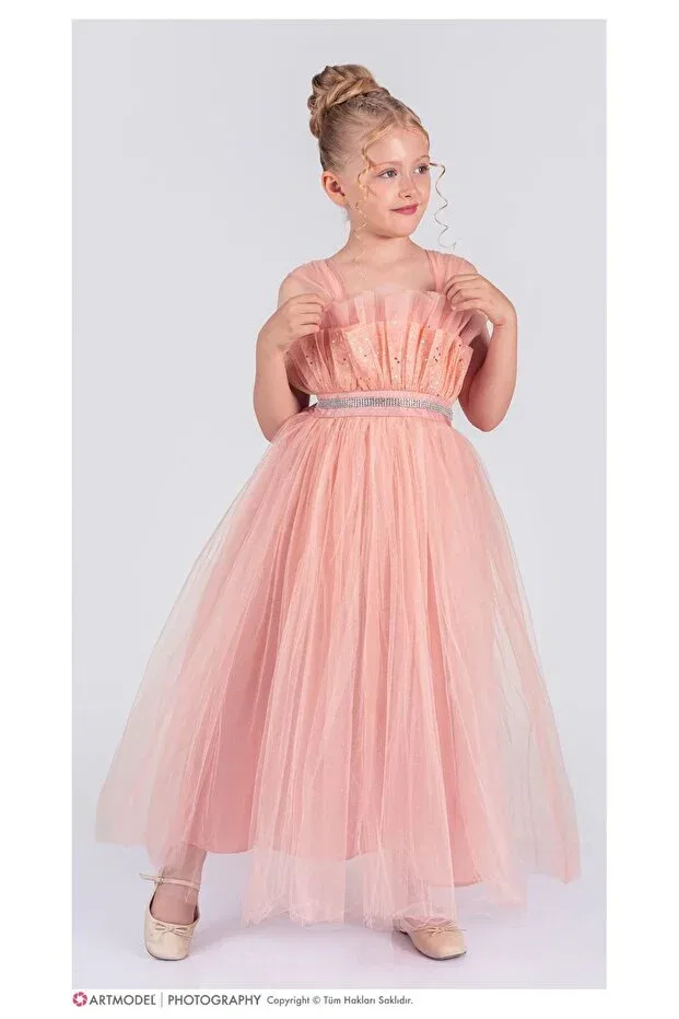 Детское платье для девочек на бретелях E.T.Ç baby stone belted ruffle detailed girl's dress Etç Baby, Salmon