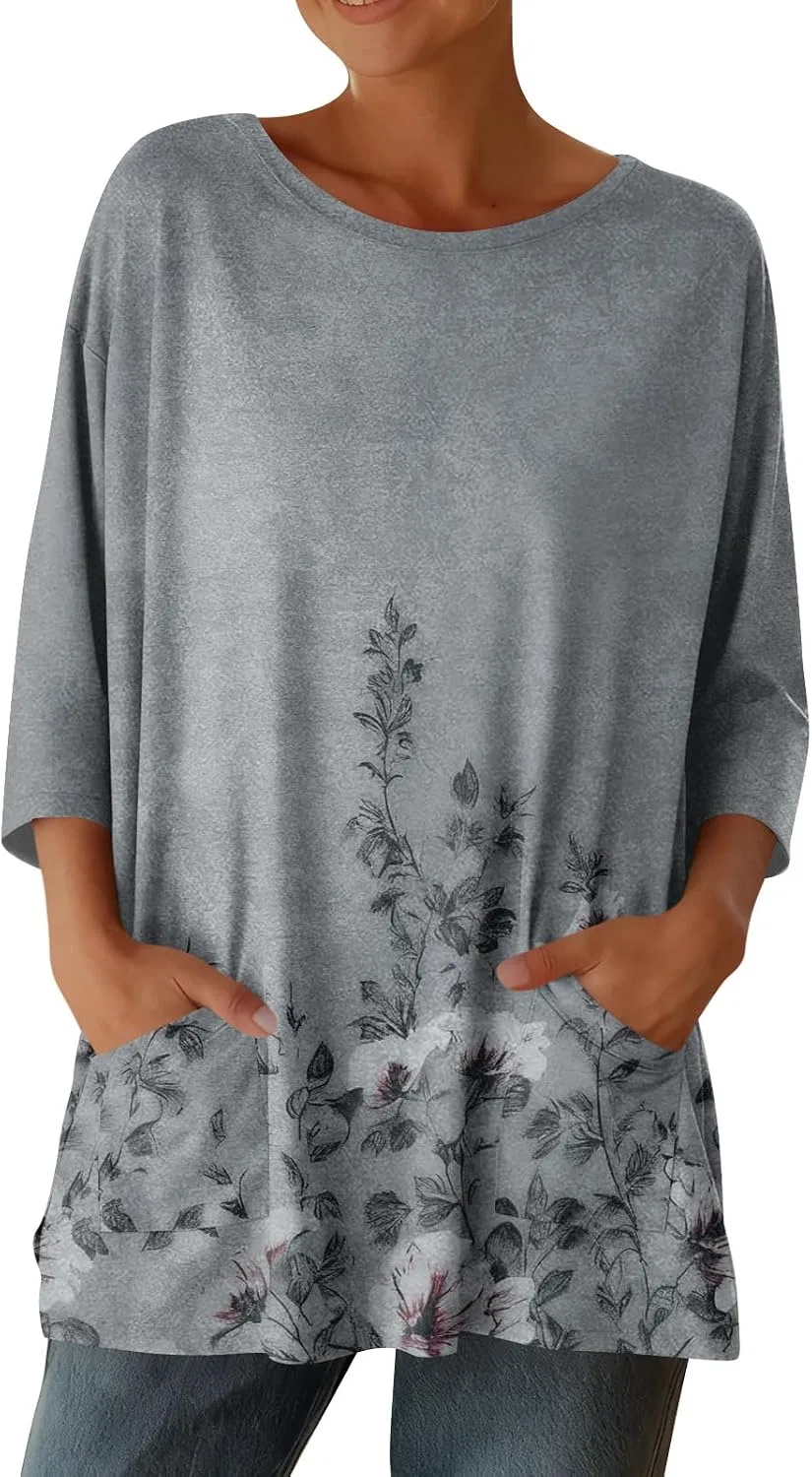 Женская свободная блуза с 3/4 рукавом и карманами, Dark Gray