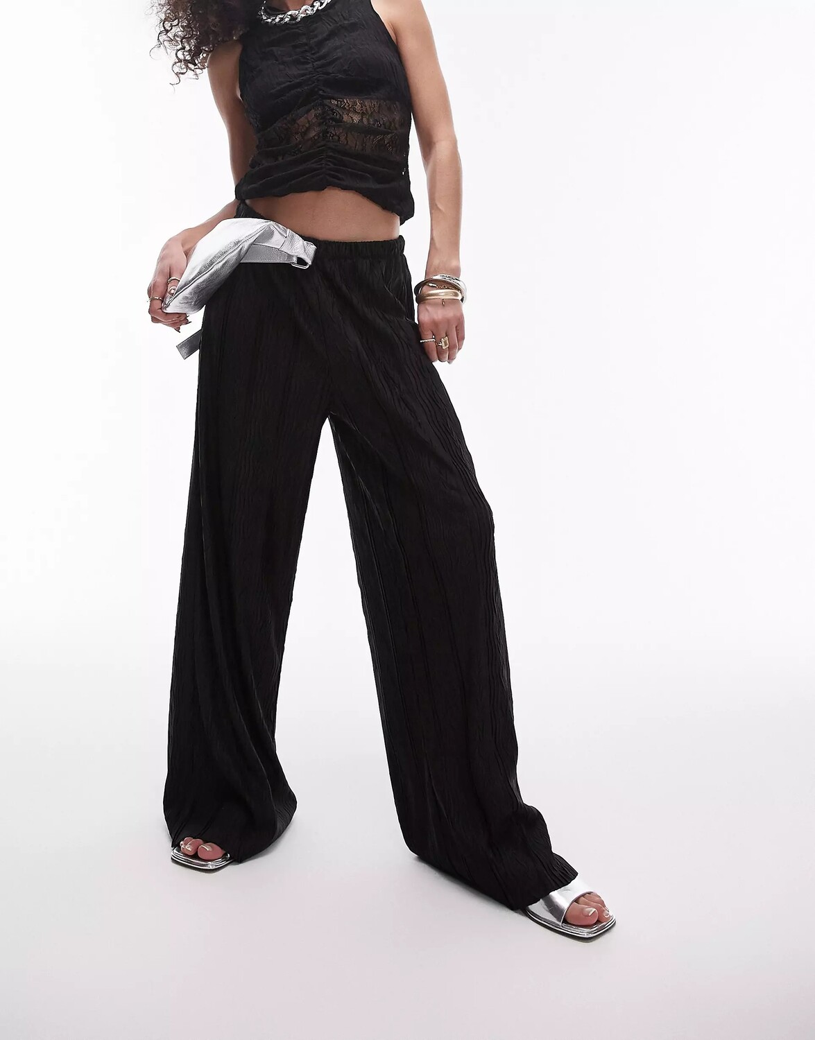 

Брюки Topshop Crinkle Plisse Wide Leg, черный