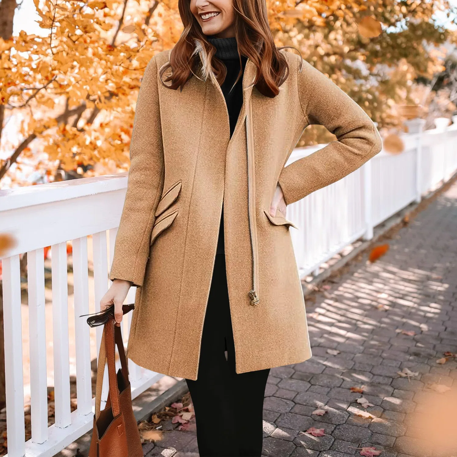 Женское зимнее пальто с молнией и открытым передом Classic Open Front Zip Casual Winter Long Trench Coat, Cammello — фото 2