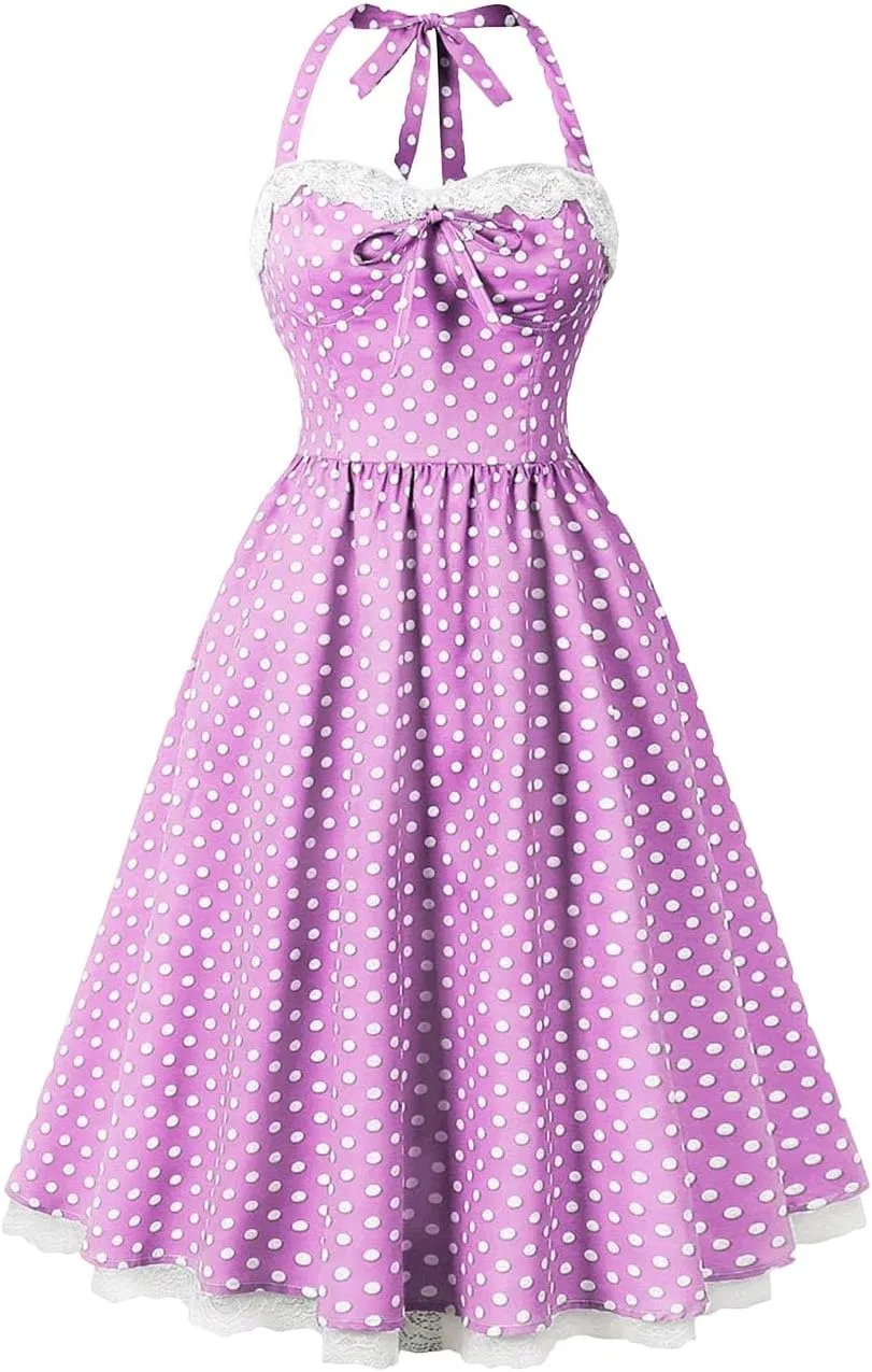 Женское платье с горошком в стиле ретро, Backless Bow Front, Lavender