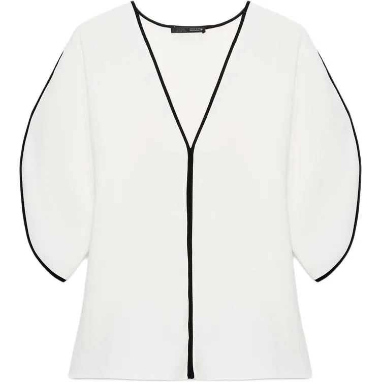 Женская рубашка с V-образным вырезом, белая, ZARA, Raw White