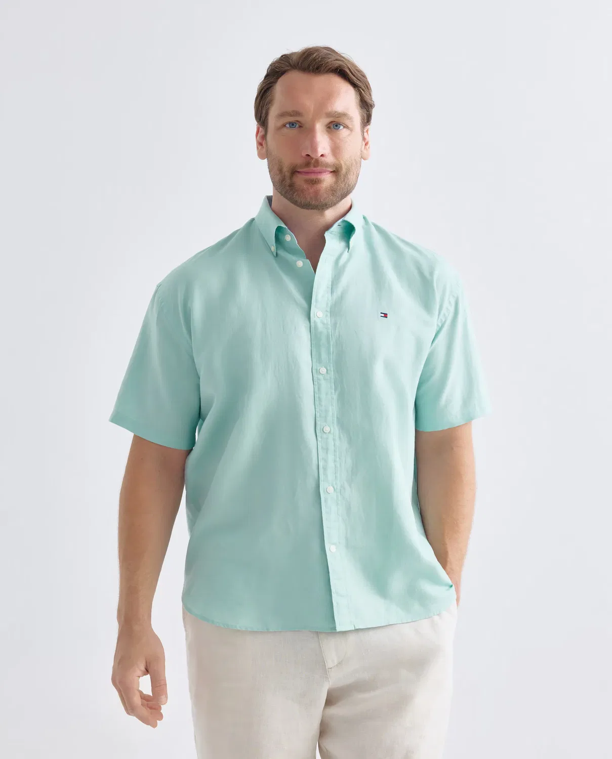 Мужская рубашка с коротким рукавом из льняной смеси Tommy Hilfiger, Verde