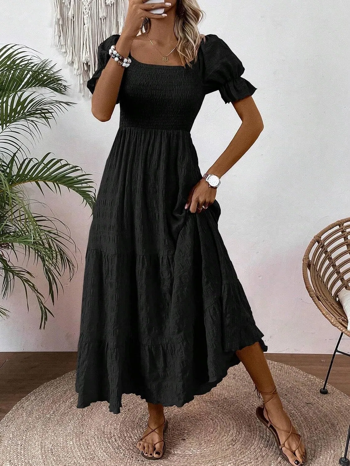 Женское летнее платье макси с пышными рукавами A-line, Black — фото 2