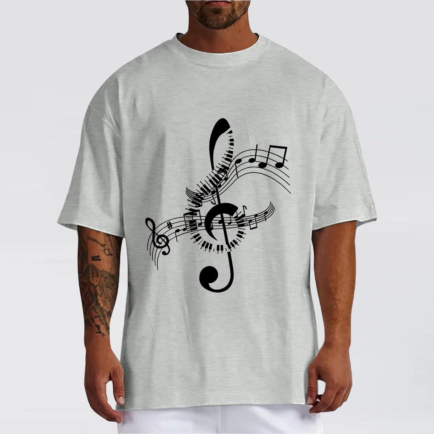 Мужская футболка с принтом Musical Instruments Print, хлопковая, Light Gray-b — фото 2
