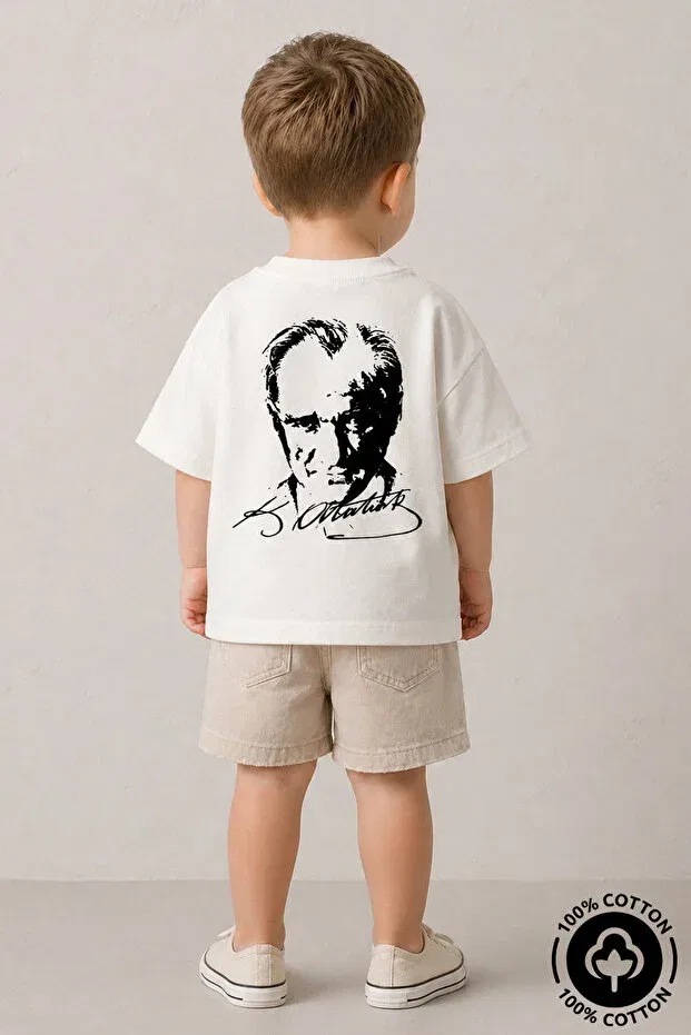 Детская футболка с принтом Unisex Crew Neck Ataturk Printed Miniel, Ecru — фото 3