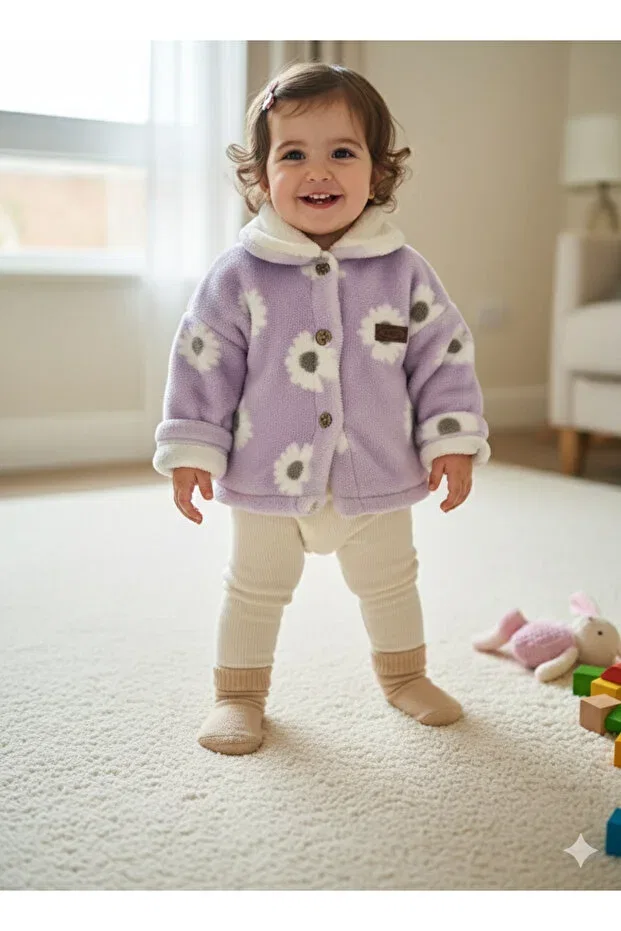 Детское пальто для девочек с принтом Floral girl's welsoft plush jacket Canini, Lilac — фото 4