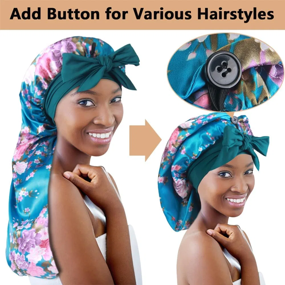 Шапочка для душа Satin Bonnet с завязками, Heniho, J - Black, Blue Floral — фото 3