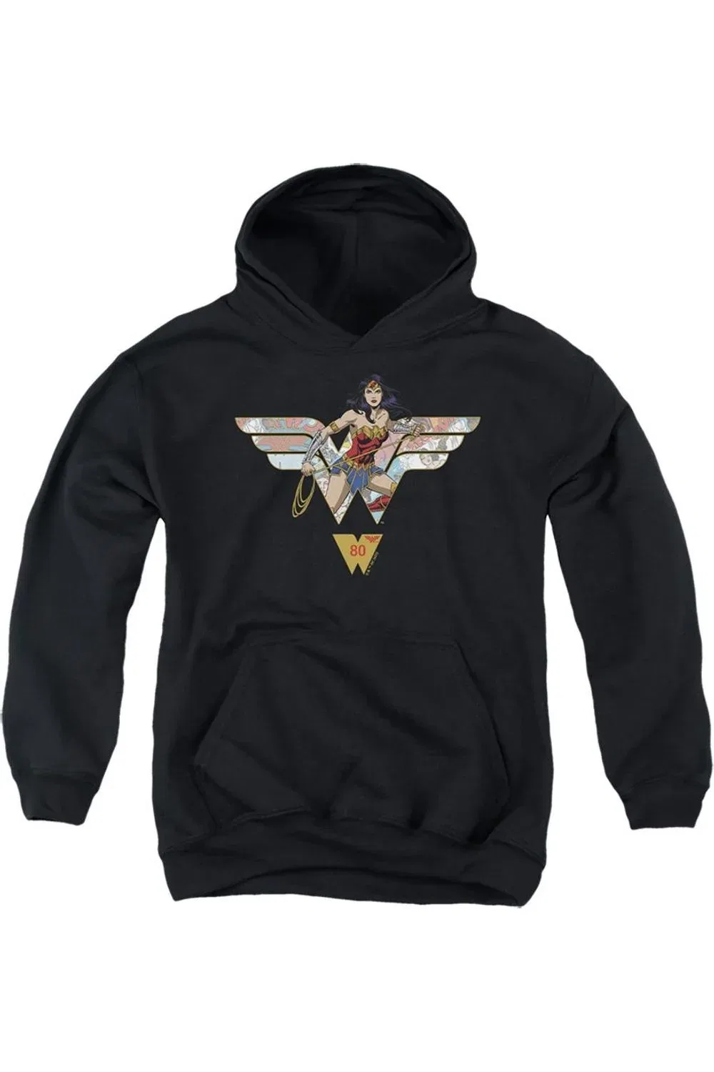 Детское худи с принтом Wonder Woman Ww 80th Collage Logo Gildan, черный