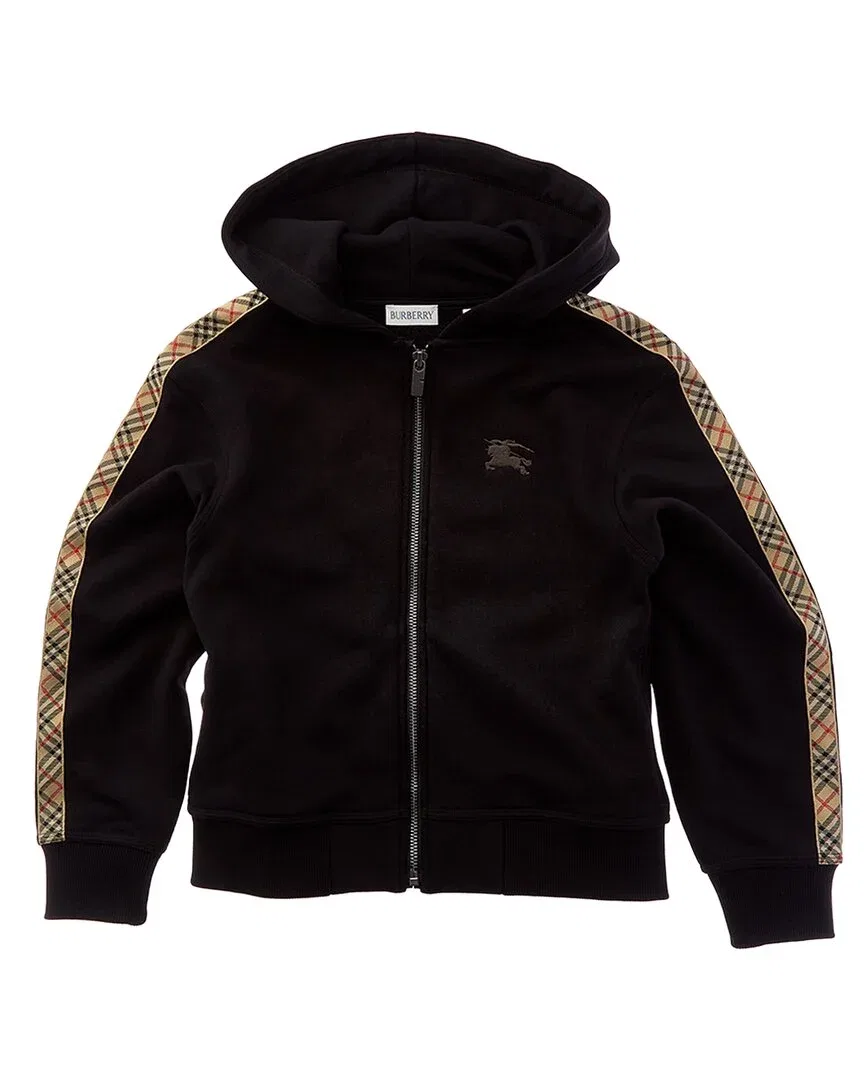 Детское худи на молнии с принтом Burberry Check Trim Zip Hoodie, черный