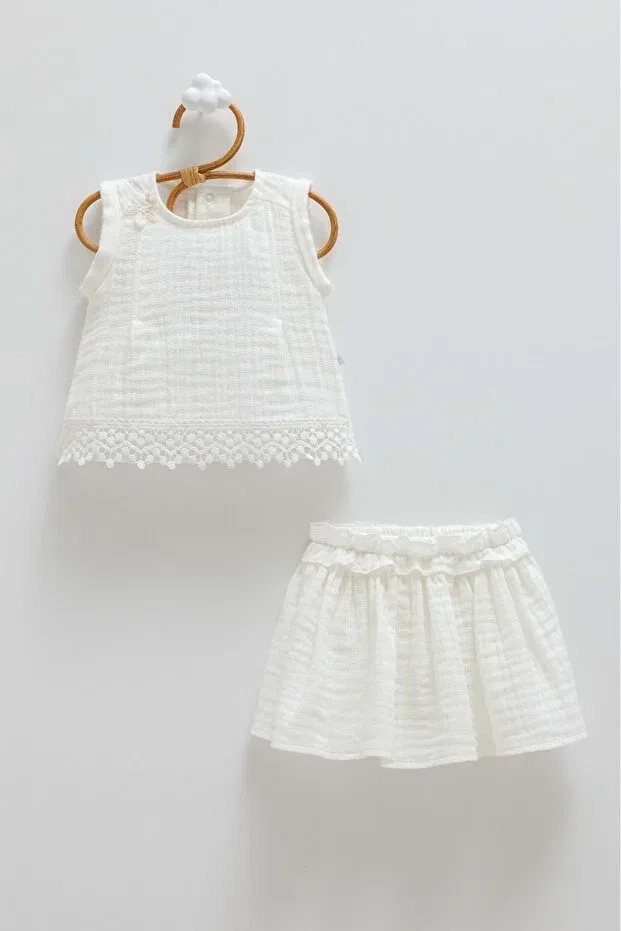 Детский комплект для новорожденных хлопковый Smile Skirted Muslin Top And Bottom Set Caramell, Ecru