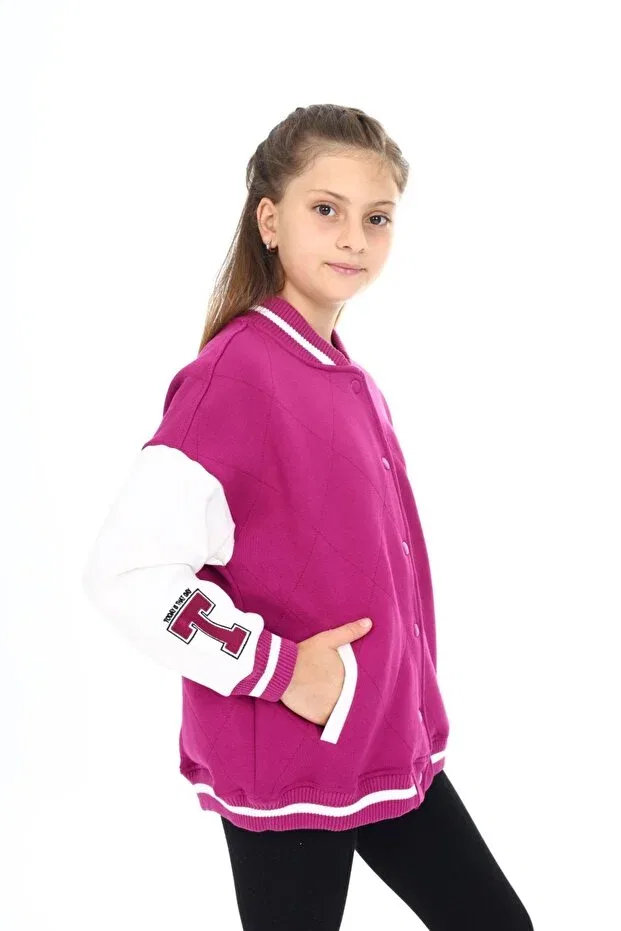 Детский кардиган для девочек с принтом, вышивкой College Collar Snap Closure Pocket Low Shoulder Embroidery Printed Color Block Knitted Toontoy, Plum — фото 2