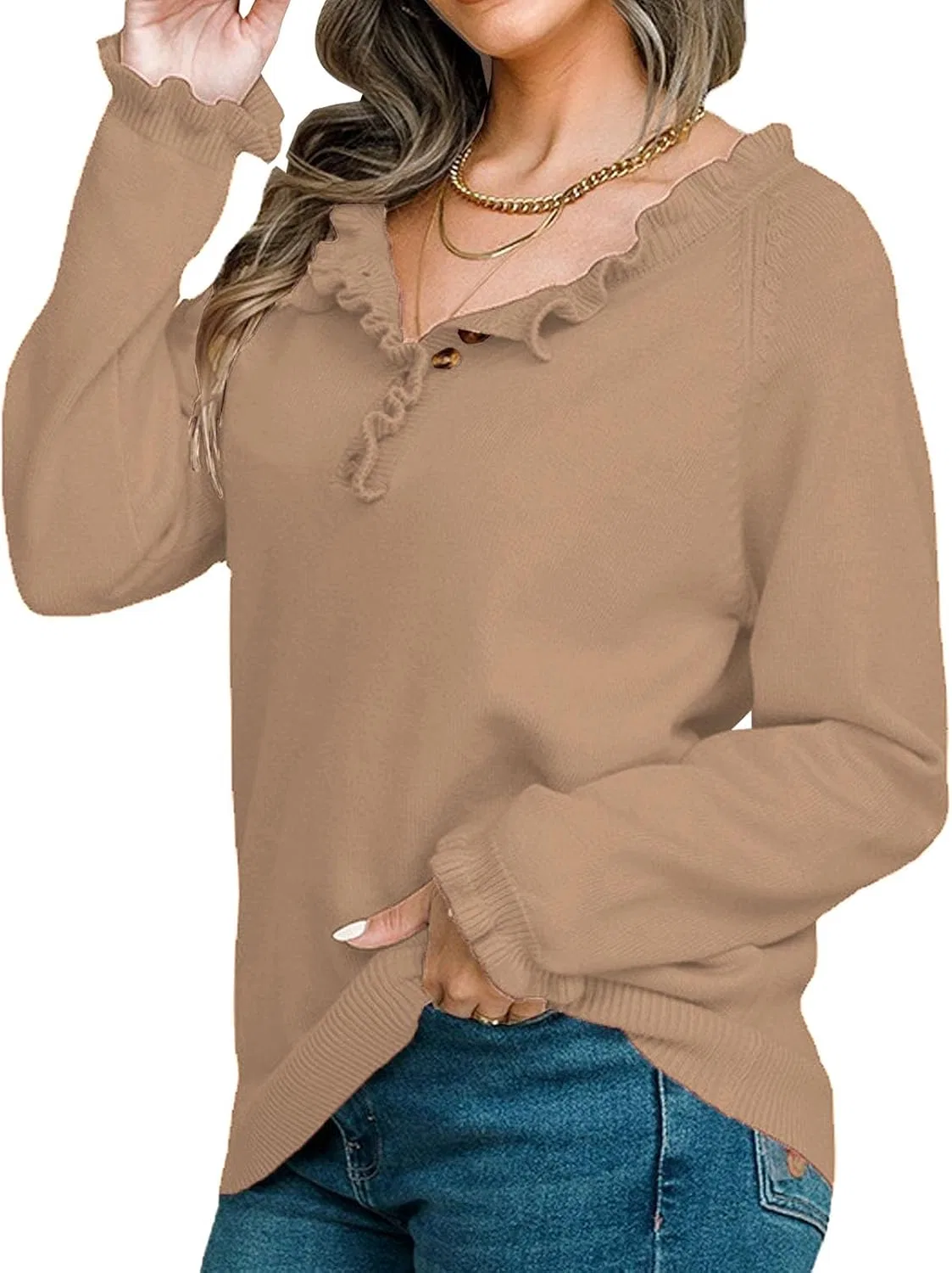 Женский свитшот с рюшами, модель Ruffle Sweaters, хаки — фото 3