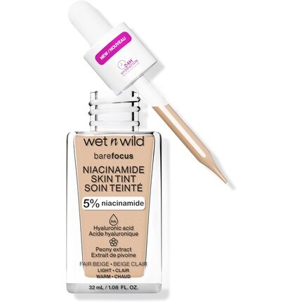 

Wet 'N' Wild Легкая тональная основа Wet N Wild Bare Focus Niacinamide Skin Tint с наращиваемой формулой, обогащенная гиалуроновой кислотой и витамином Е, светло-бежевый
