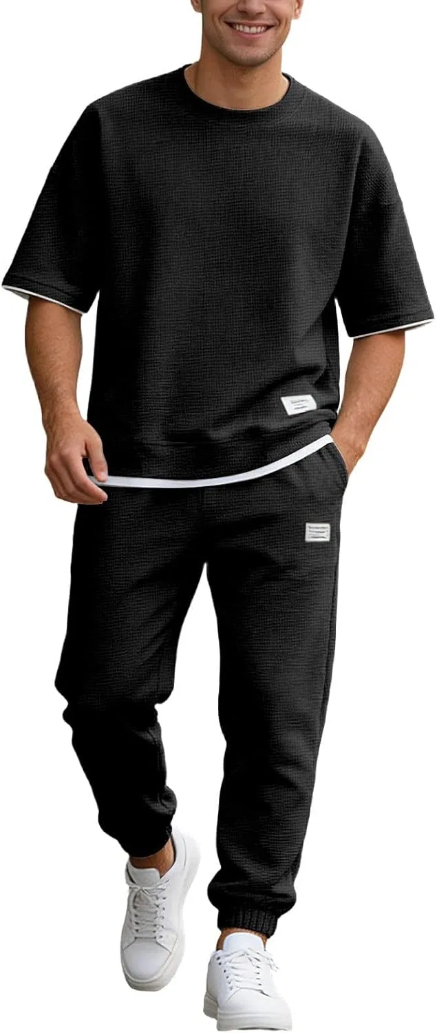 Мужской спортивный костюм из вафельной ткани, 2 предмета, Black