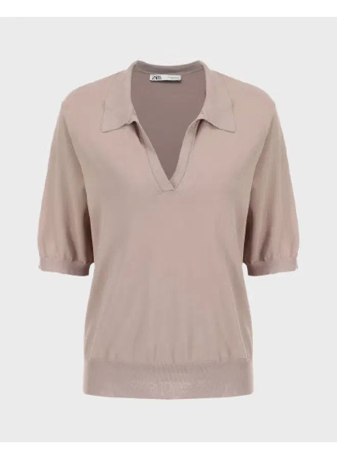 Топ с коротким рукавом и лацканами Zara, верблюжий