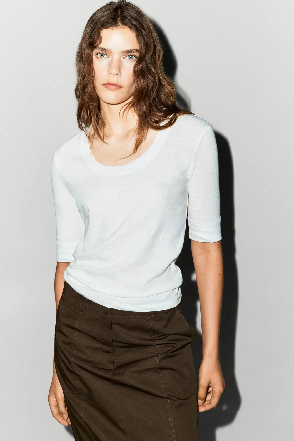 Футболка Massimo Dutti 100% Cotton Scoop Neck, кремовый