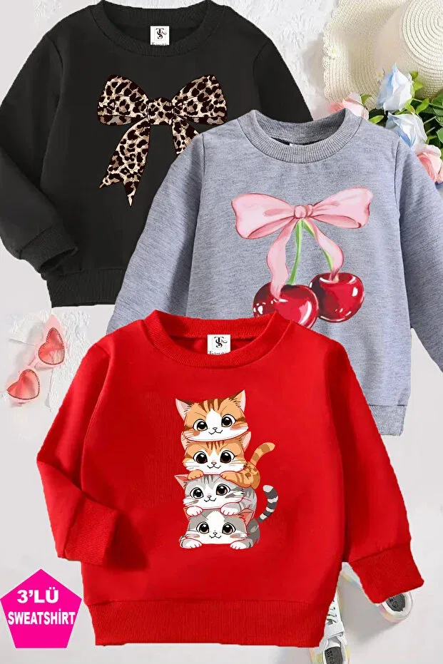 Детские свитшот для девочек с принтом Black-Grey-Red triple crew neck girls' sweatshirt with fleece inside and cat and ribbon print Twins Tailors, Red