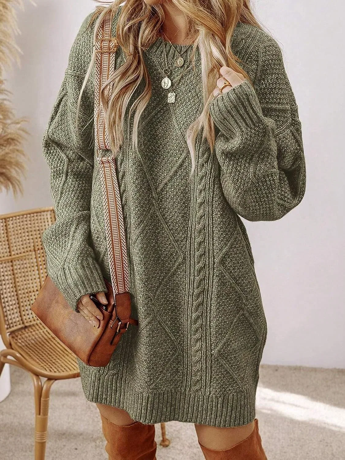 Женское свободное вязаное платье-свитер с косами, Army Green — фото 2