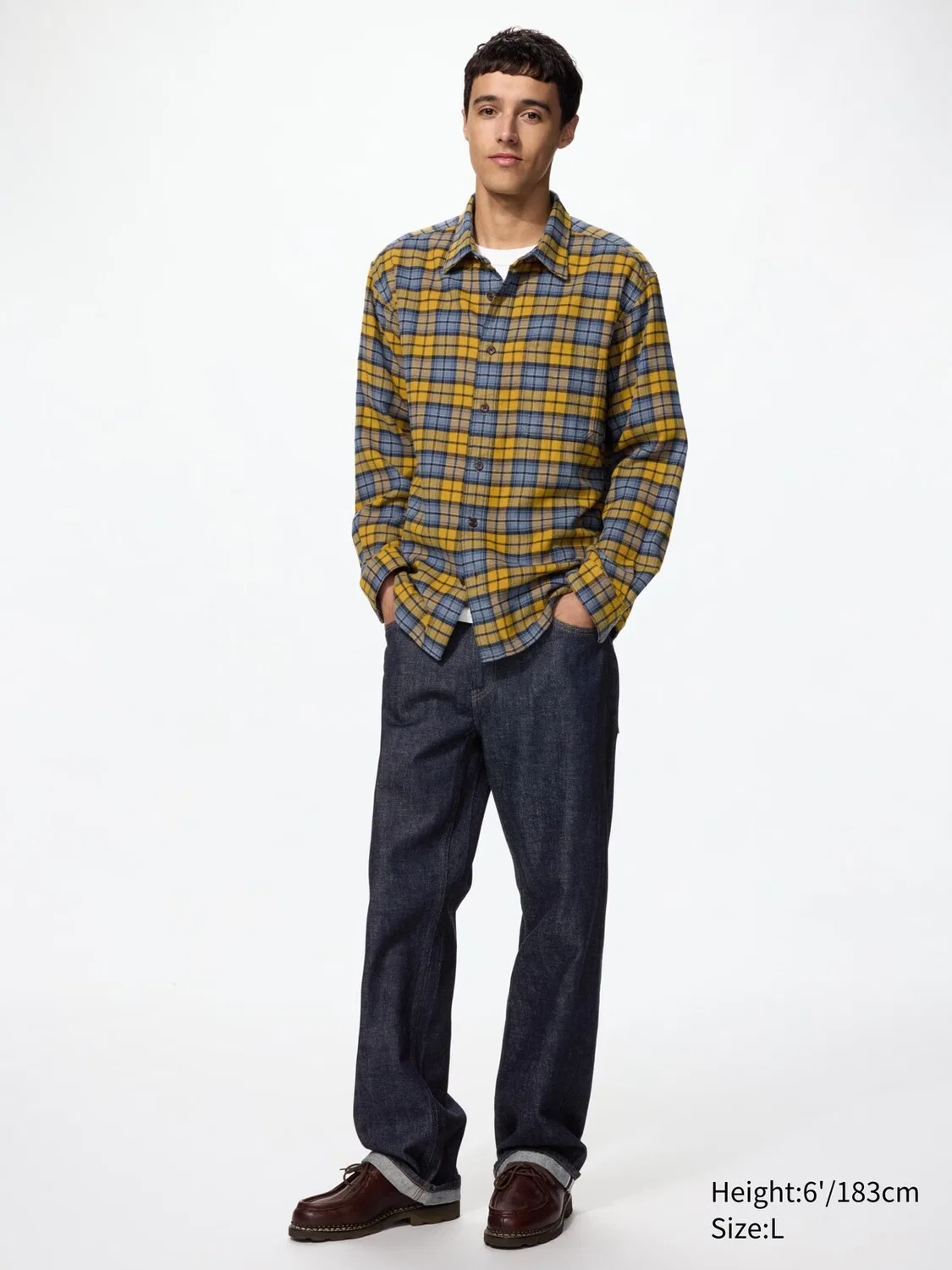 Рубашка Uniqlo, фланелевая, клетка тартан, желтый — фото 2