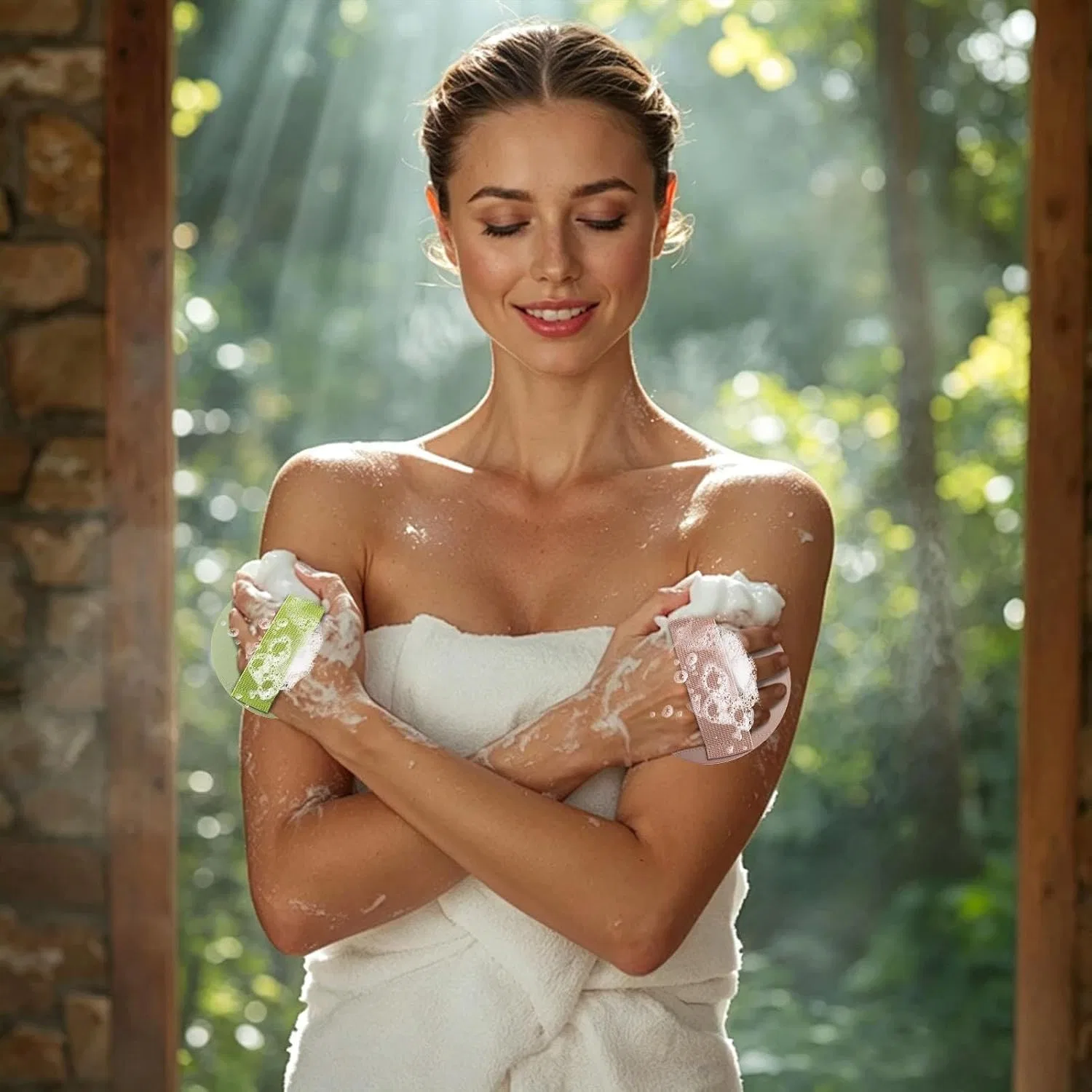 Силиконовая щетка для тела Tiajingzi, 1 шт, розово-зеленая — фото 3
