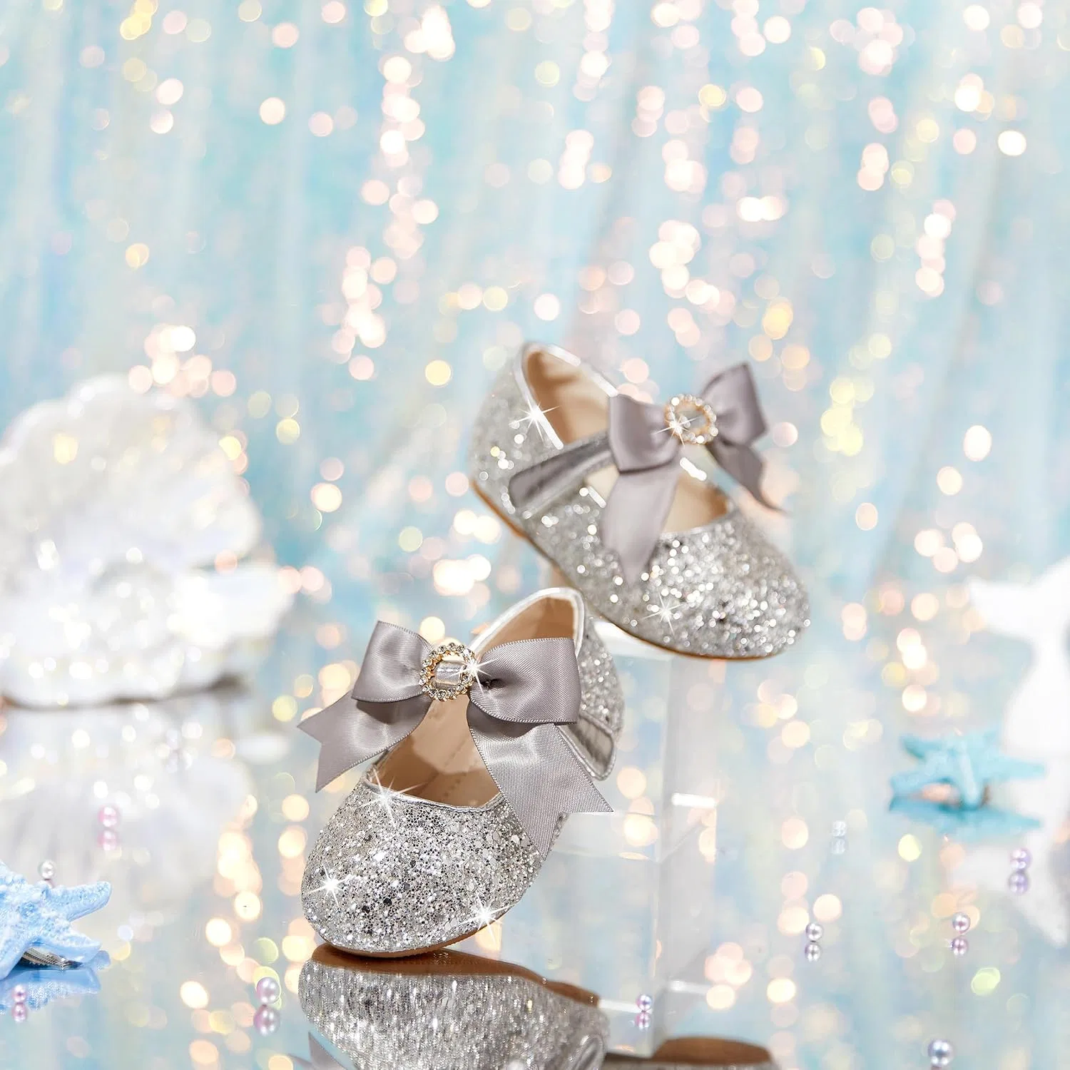 Детские туфли Мэри Джейн для девочек PHIRAMIN, Glitter Bowknot Silver — фото 2