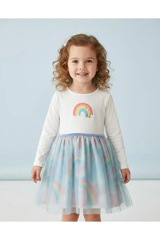 Детское платье из фатина облегающее с длинным рукавом Rainbow Elsa Lavenirkids, White