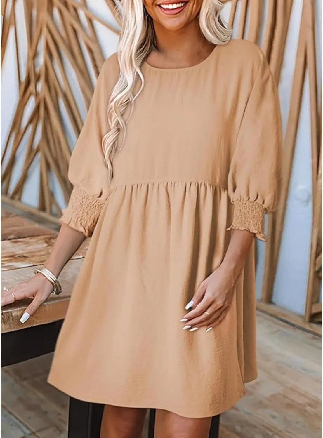 Женское мини-платье с пышными короткими рукавами Babydoll, Khaki — фото 4