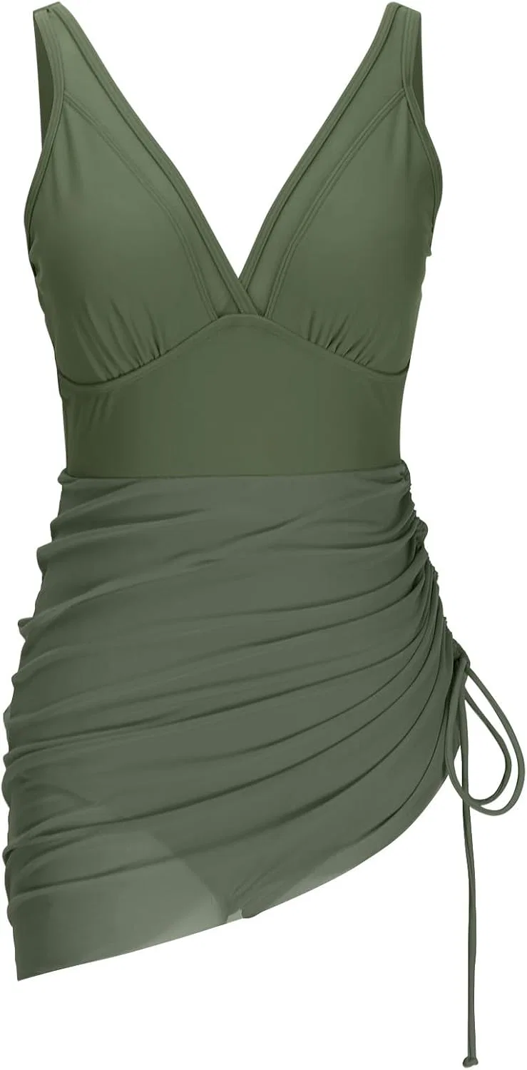 Женский цельный купальник с утяжкой живота V-образным вырезом, Army Green — фото 4