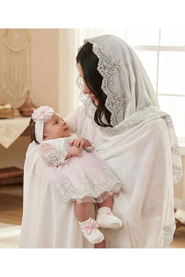 Детский комплект для девочек кружевной Mevlüt french lace 6-piece dress with headscarf & blanket for special occasions - mother baby set Lisaloom, Pink