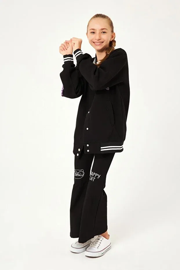 Детская куртка для девочек с принтом 1992 Print Detailed Girl's College Jacket Perendi, Black — фото 3