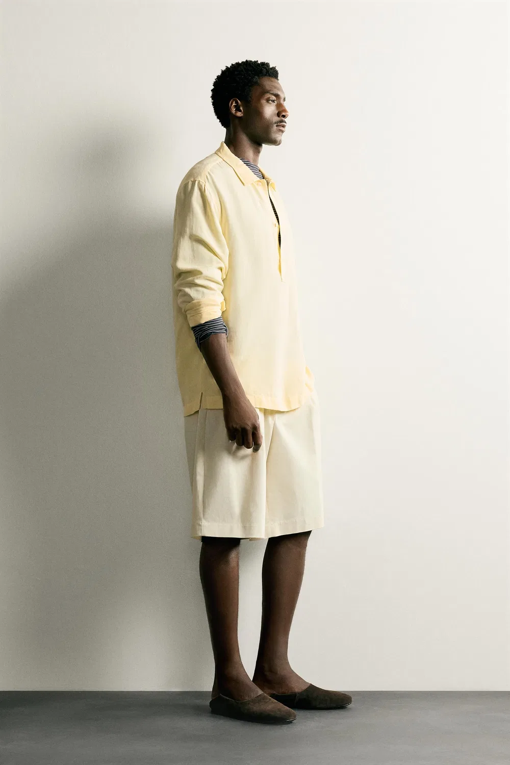 Поло из вискозы и льна, стандартного кроя. ZARA, Light yellow — фото 4