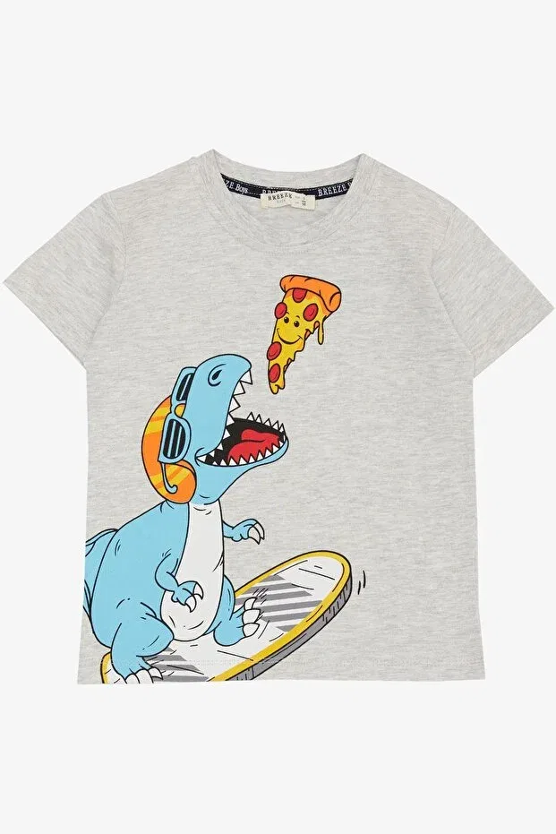 Детская футболка для мальчиков с принтом Happy Dinosaur Eating Pizza Breeze, Light Gray Melange