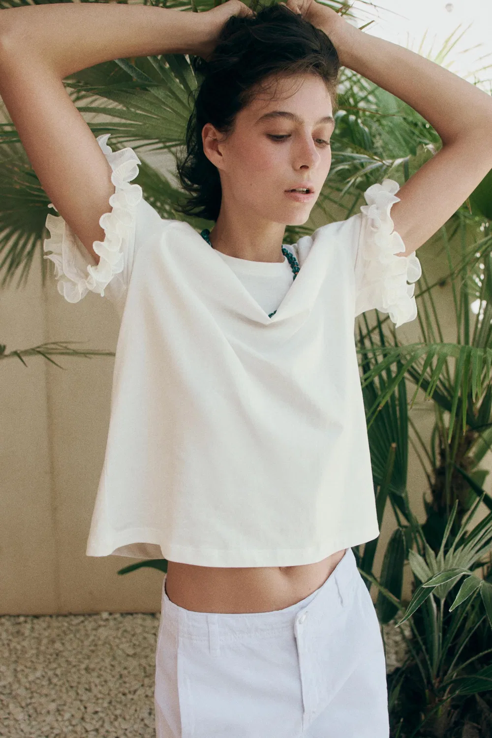 Хлопковая футболка с оборками ZARA, White — фото 4