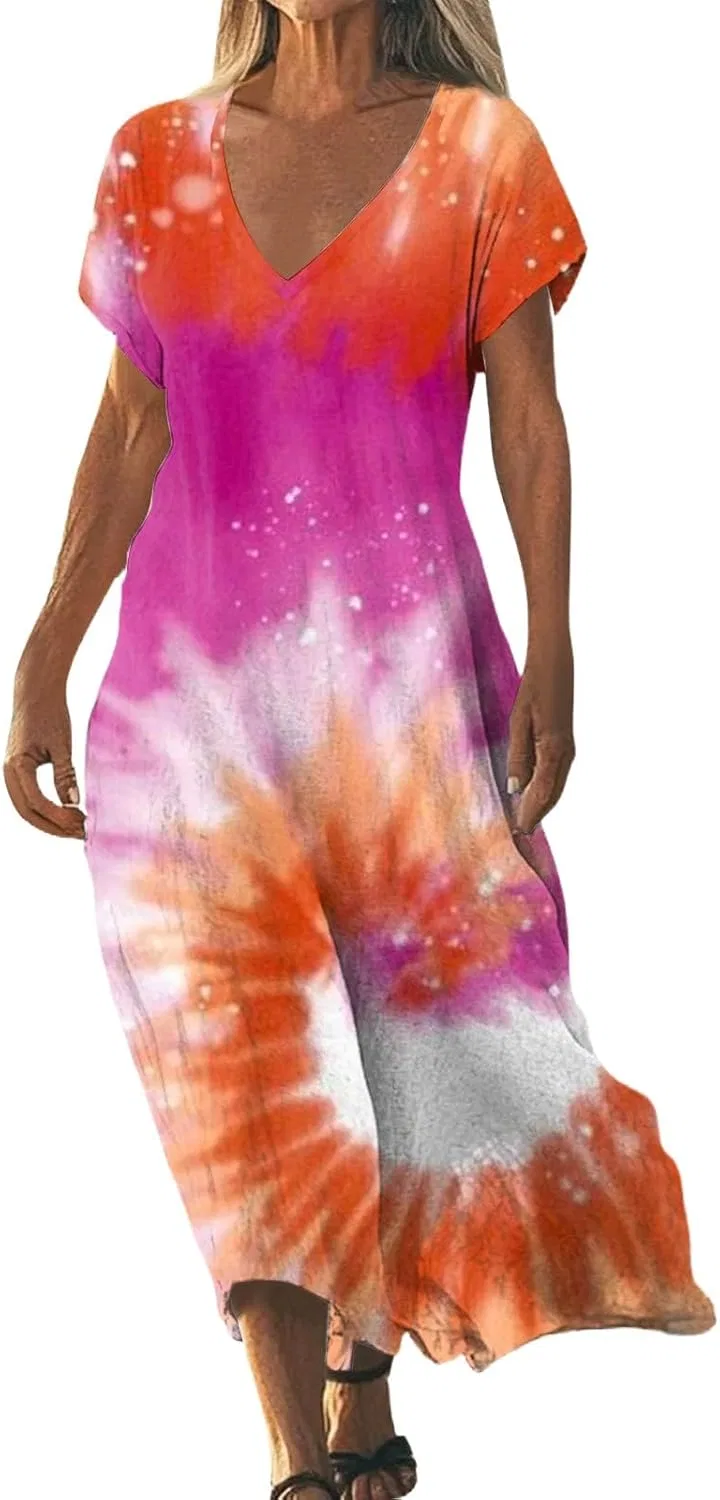 Женское летнее макси-платье с V-образным вырезом из льна и хлопка, Flowy Casual Boho, Saffron