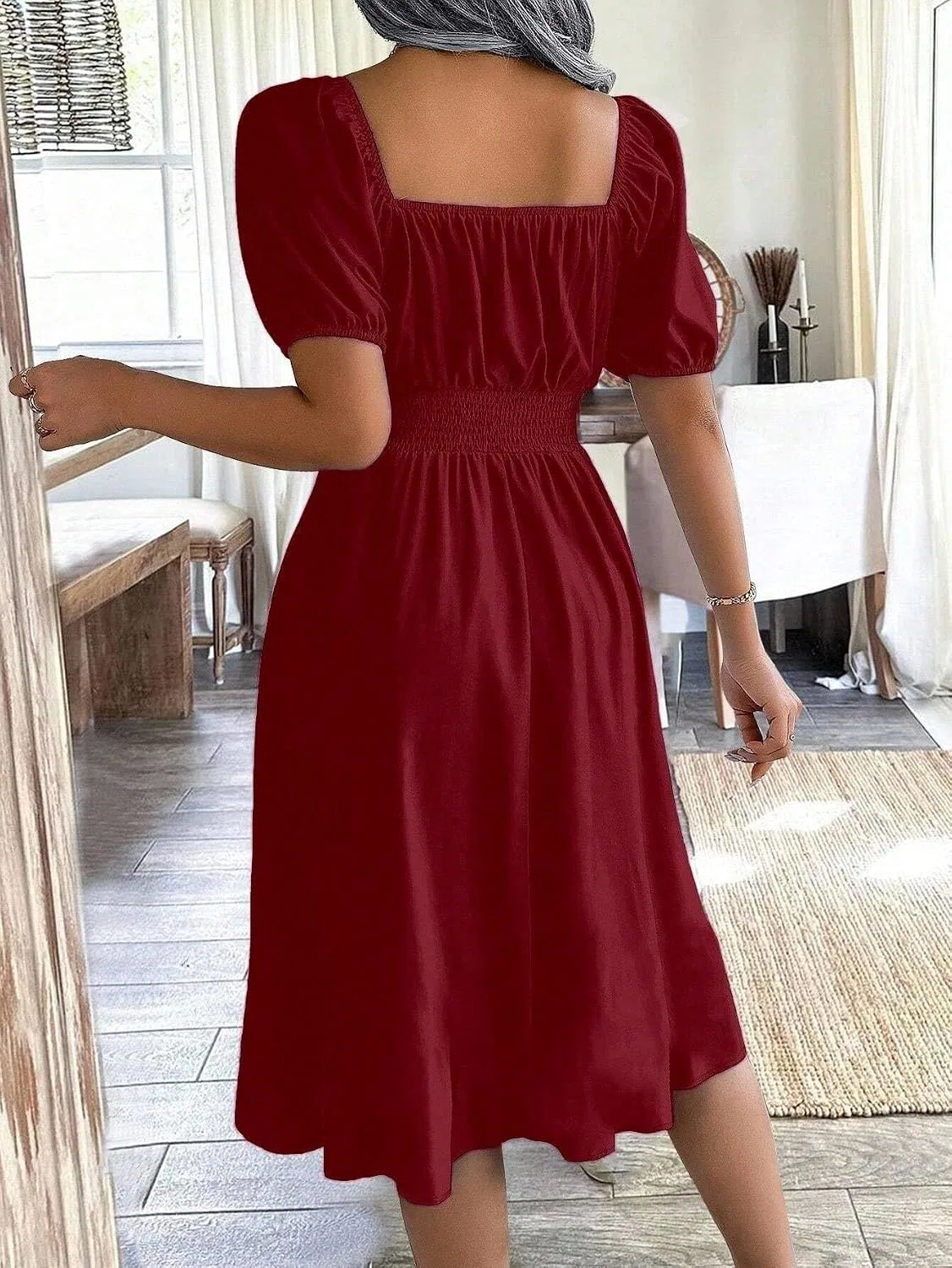 Женское A-силуэта миди платье с пышными рукавами, Burgundy — фото 2