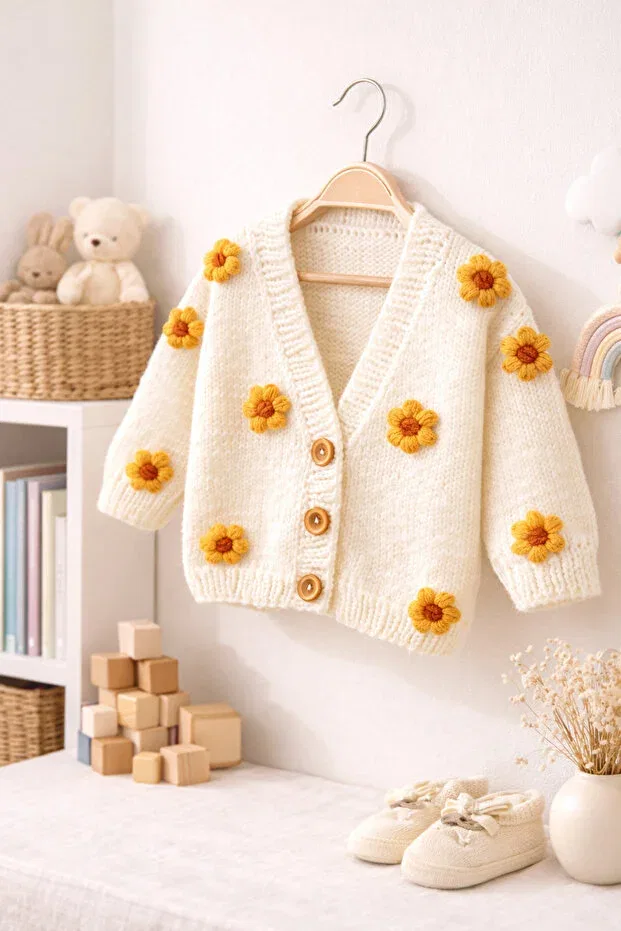 Детский кардиган для новорожденных с цветочным принтом Hand knitted popcorn floral baby cardigan Aykır I Bebe, Cream Mustard Yellow — фото 3