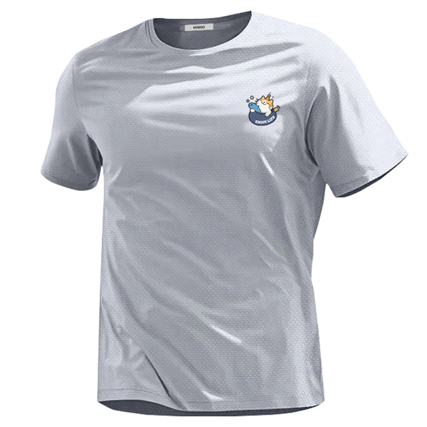 Детская футболка с принтом Fish-Hugging Cat Chest Logo MINISO, Light Gray