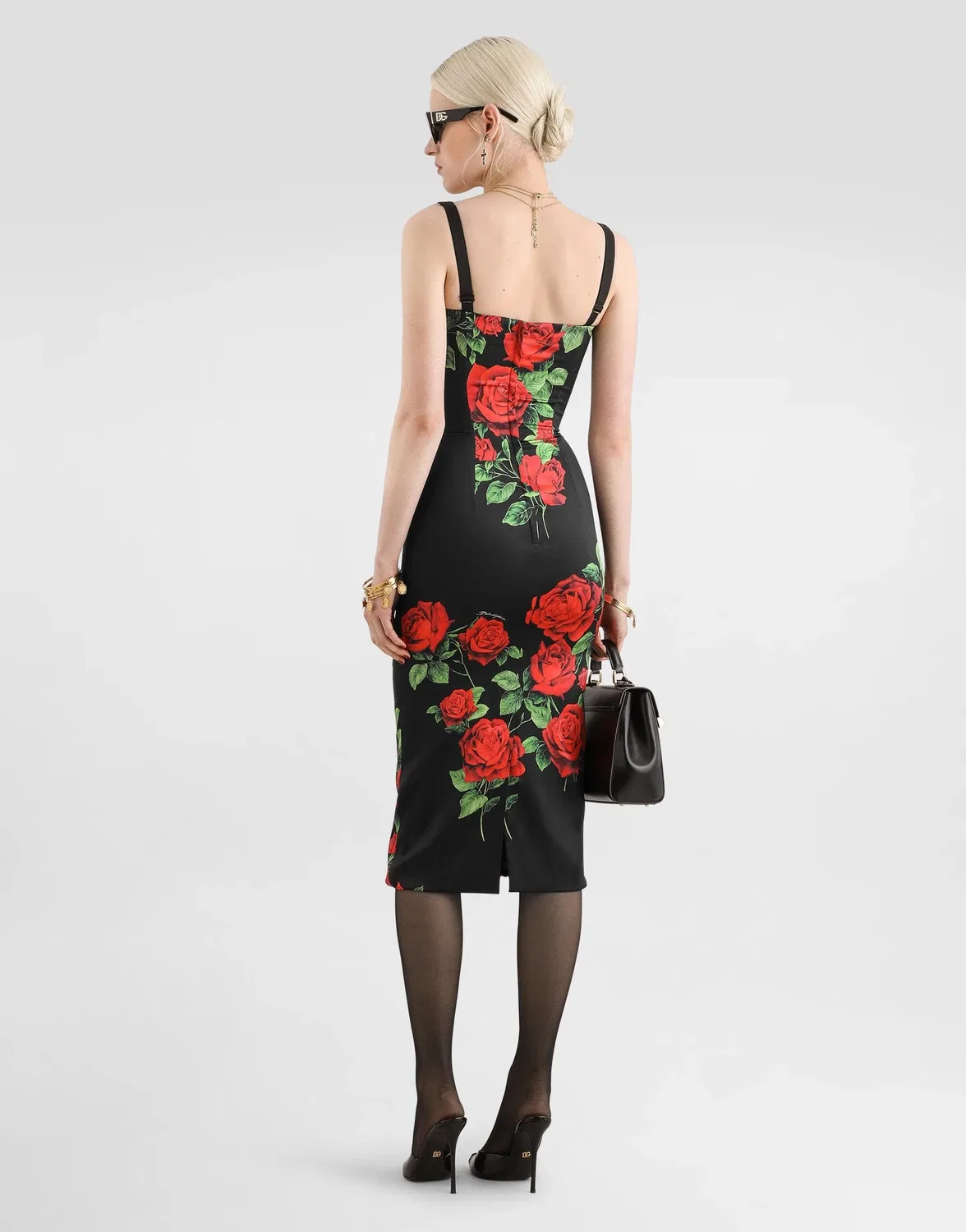 Атласное платье с принтом роз Dolce & Gabbana, серый — фото 3