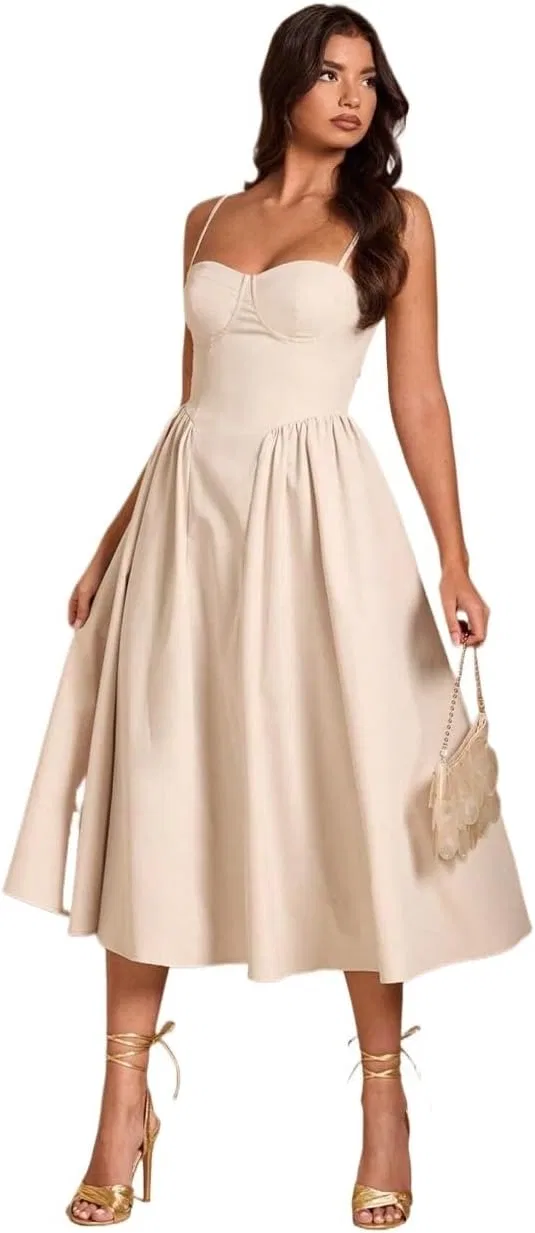 Женское миди платье на бретелях Elegant, Apricot