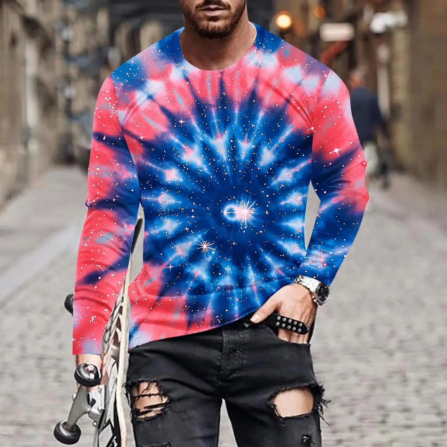 Мужская футболка с принтом Tie Dye Long Sleeve Round Neck, Pink — фото 2