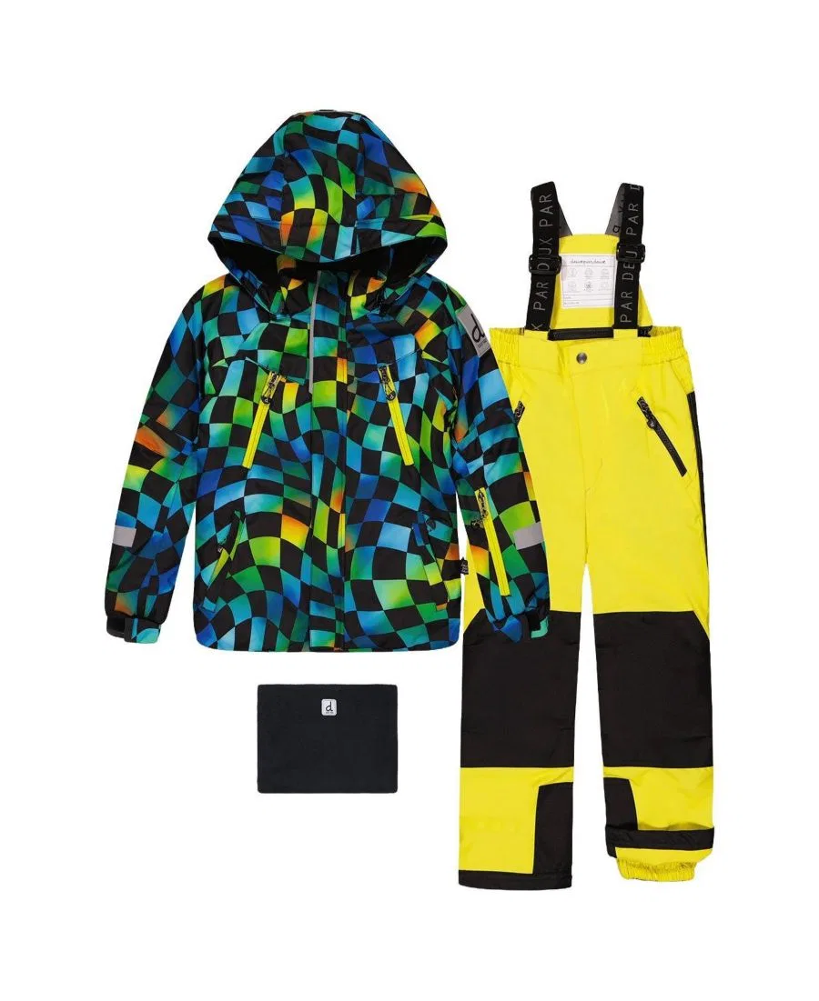 Детский двухкомпонентный зимний комбинезон с принтом в клетку Deux par Deux, Green Yellow Blue Checkerboard