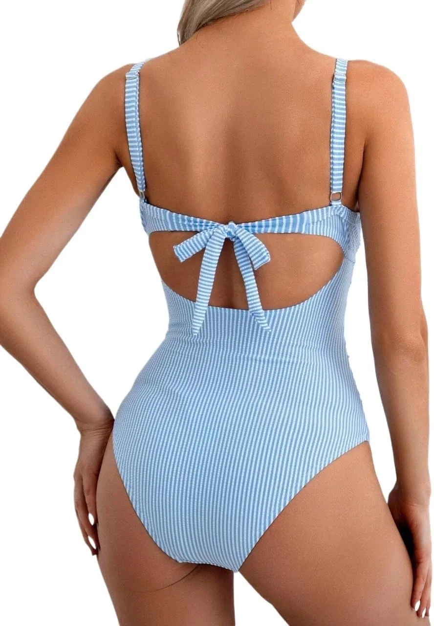 Женский монокини с вырезами и полосками, Blue/White