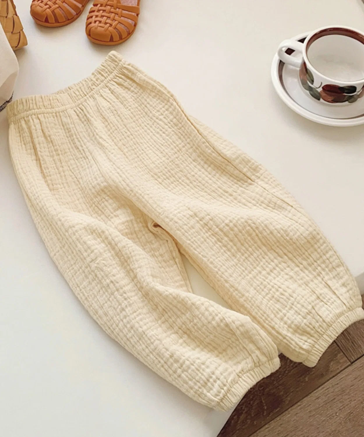 Детские штаны из хлопка с вафельной текстурой aimoha, Light Beige