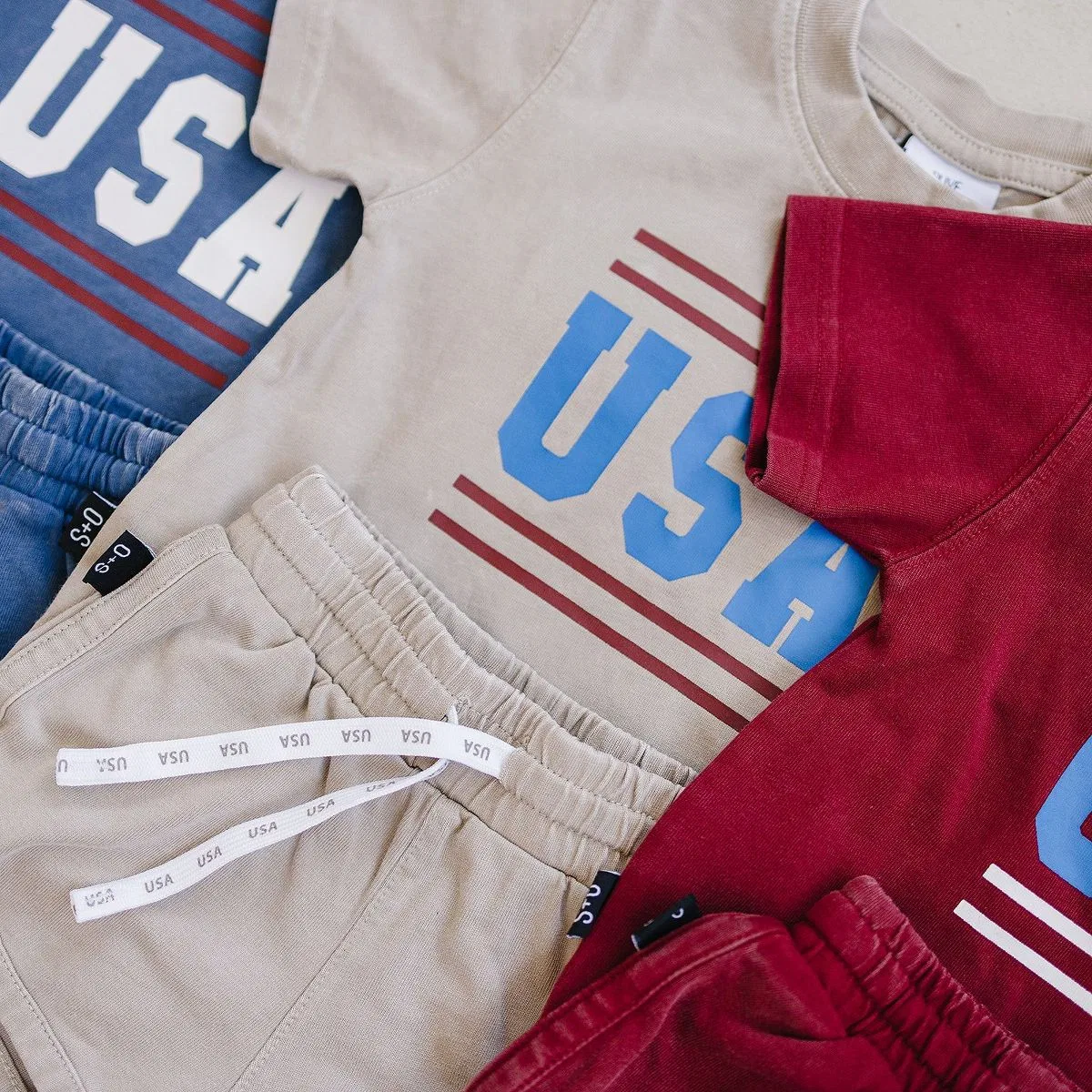 Детский комплект майки и шорт с кислотной стиркой USA Set Olive + Scout, Red — фото 4