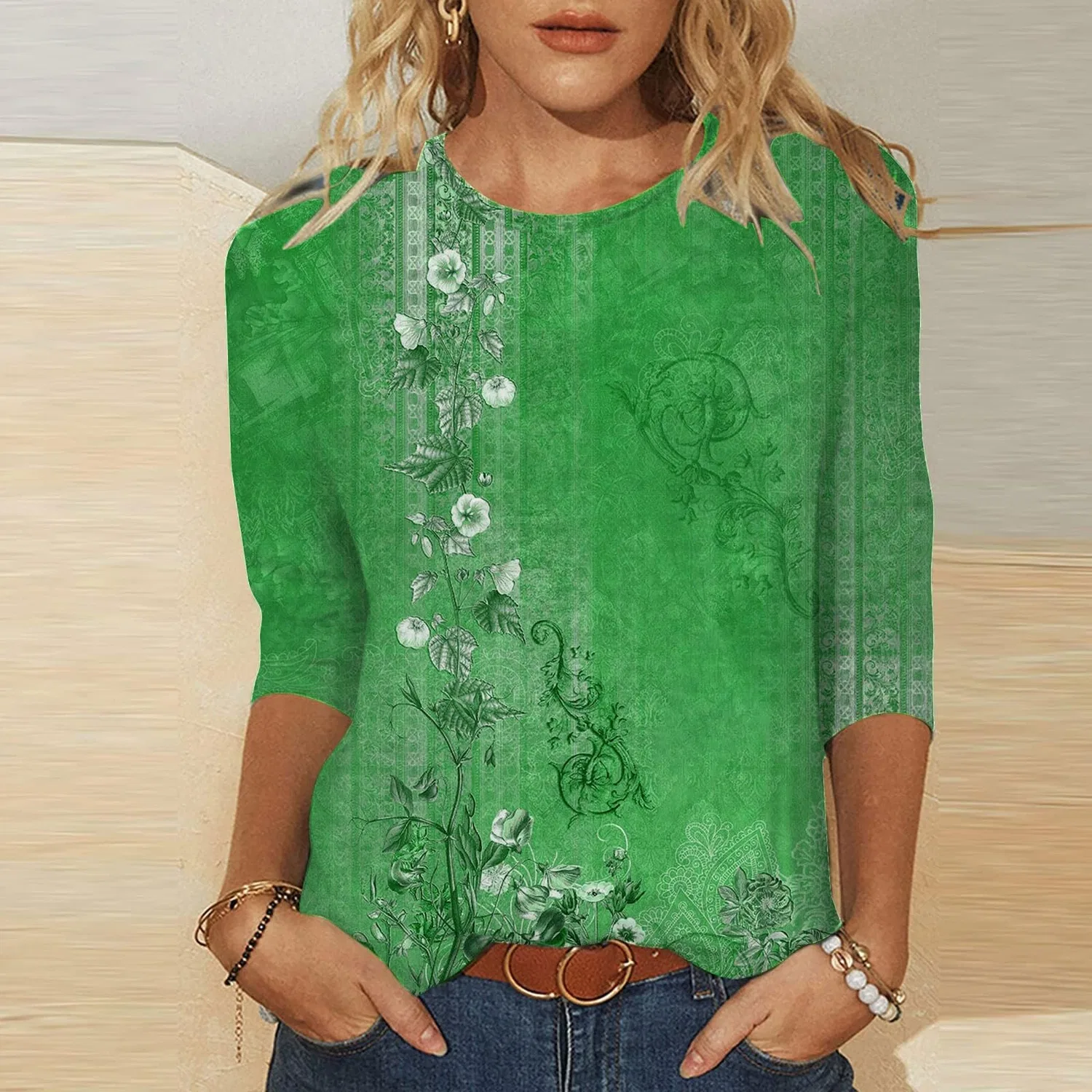 Женская футболка с цветочным принтом Plus Size T-Shirts, Light Green #3 — фото 2