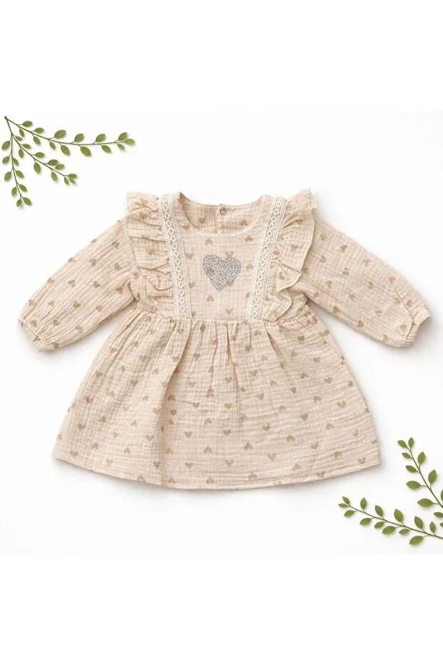 Детское платье для девочек с длинным рукавом Kalp patterned muslin baby girl dress Lil-Va Kids, Beige — фото 2