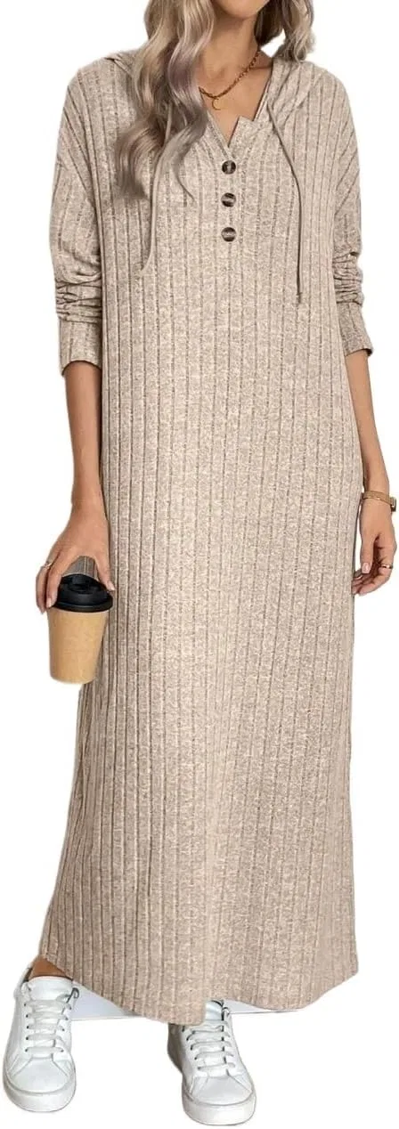 Женское повседневное платье миди с капюшоном Rib Knit, Khaki
