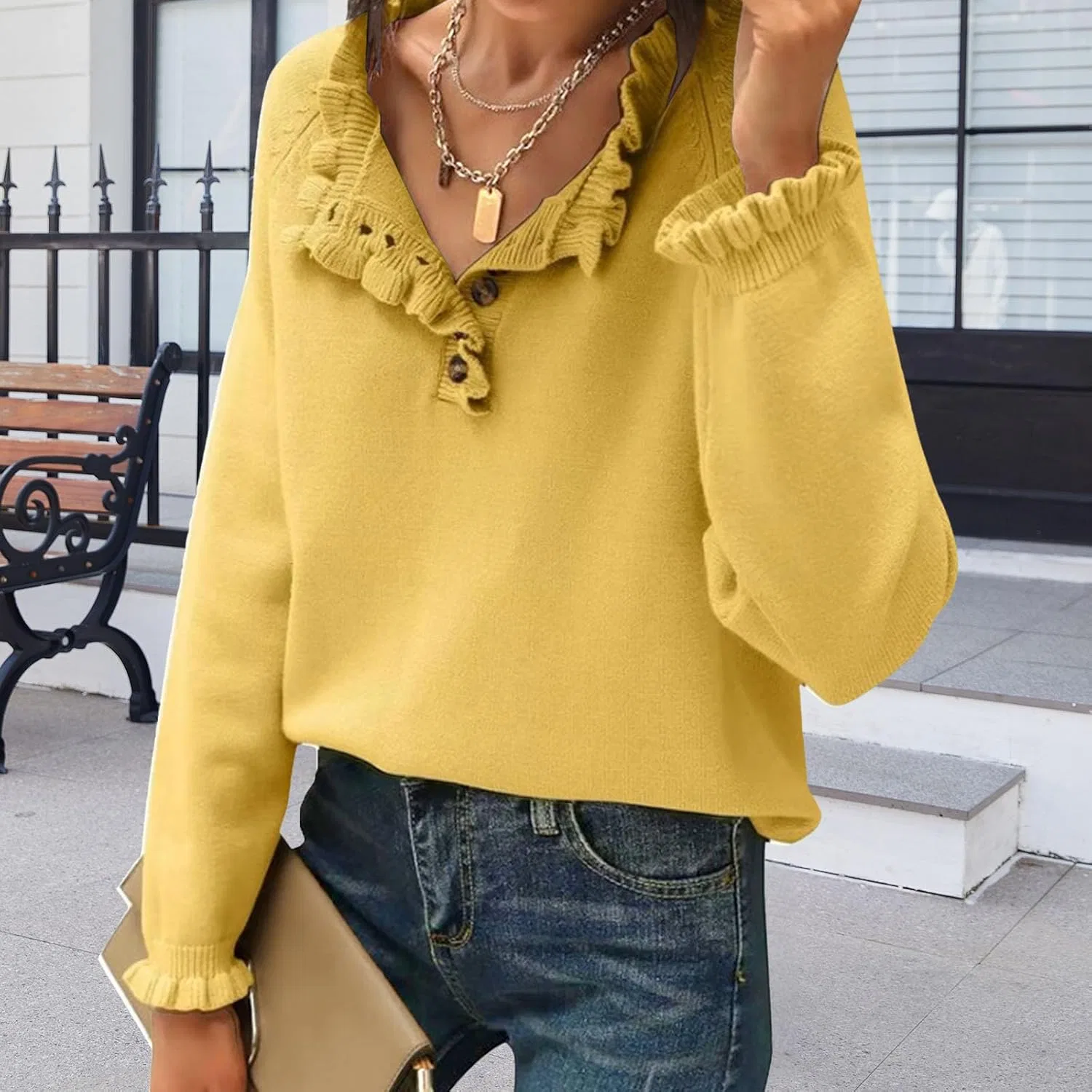 Женский свитер с рюшами, модель Ruffle Sweaters, жёлтый — фото 3