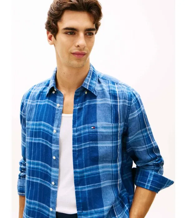 Мужская льняная рубашка с длинным рукавом Summer Madras Tommy Hilfiger, Blu Marino — фото 4